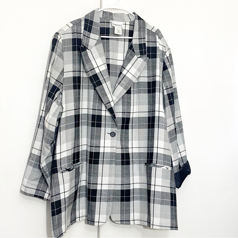 Fashion Bug Linen Texture Plaid One Button Turn Back Cuff Blazer 30/32 Plus